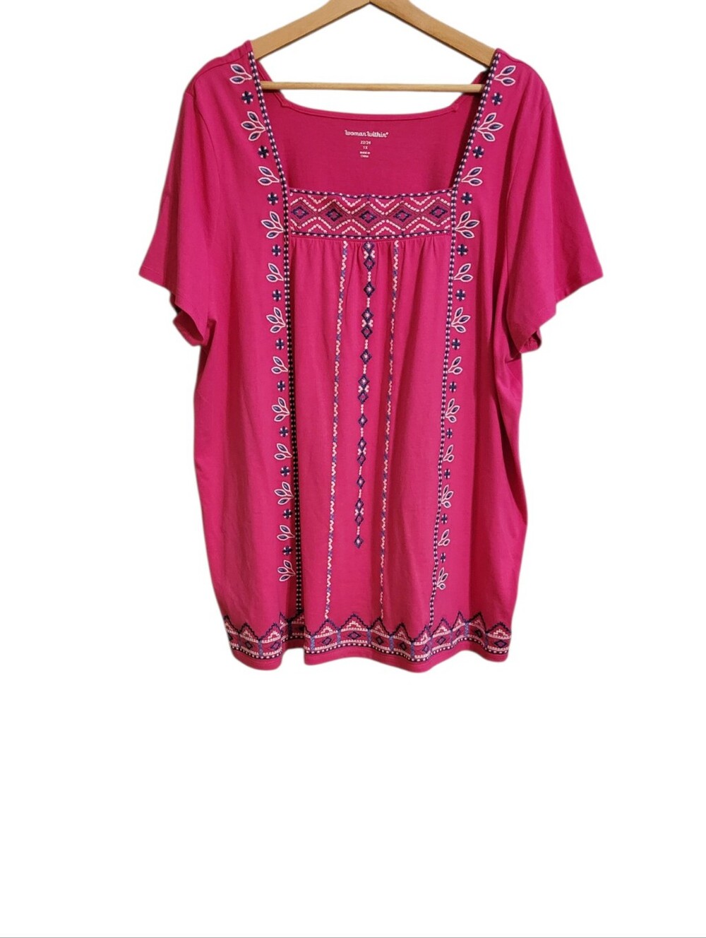 Woman Within Pink Embroidered Square Neck Tee
